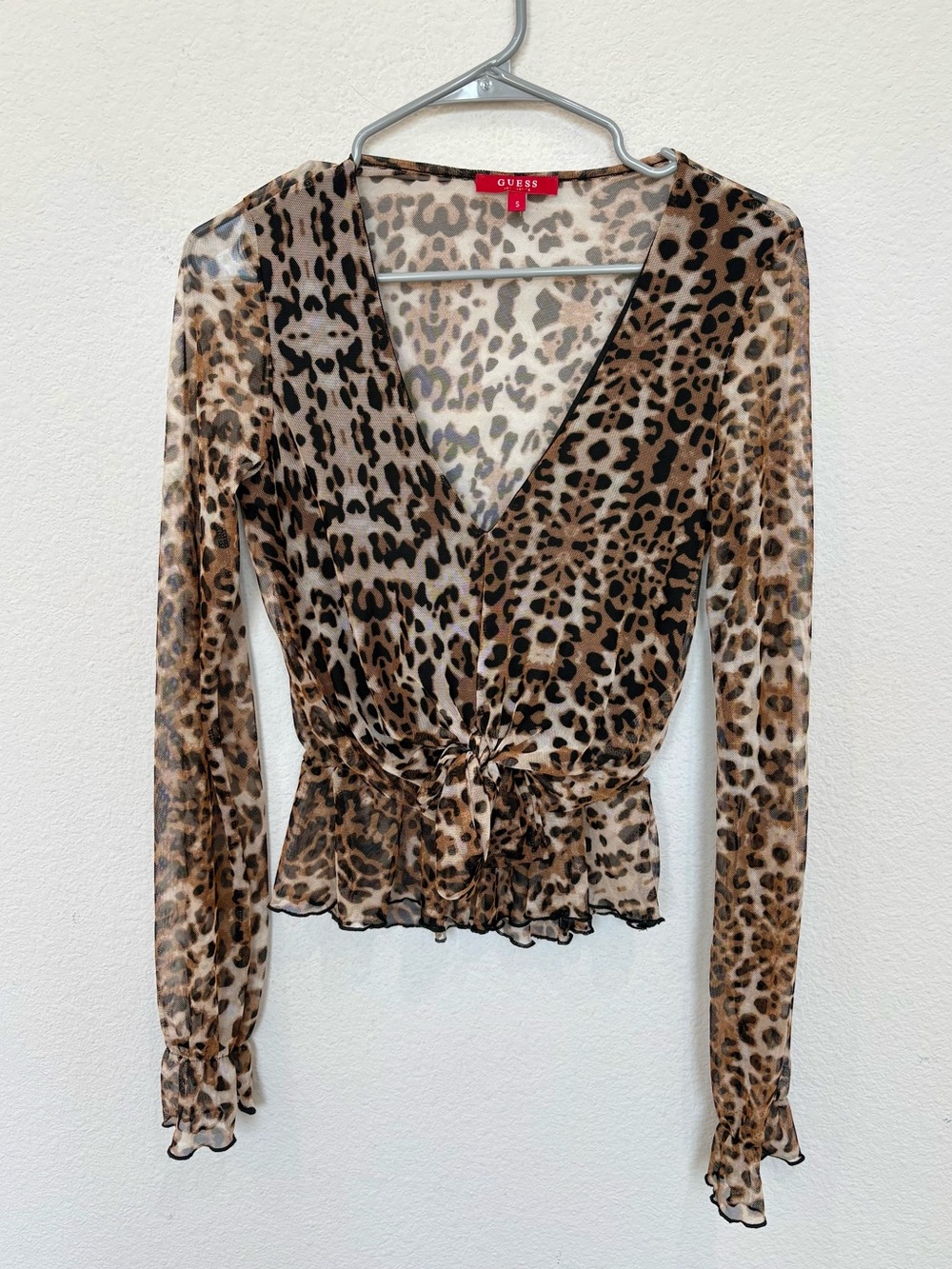 Guess Leopard Print Sheer Mesh Tie Front Long Sleeve Blouse Small Y2K Coquette